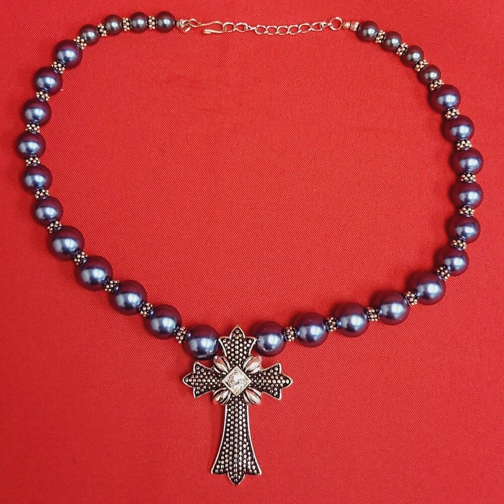 Silver Tone Cross Blue Bead Necklace